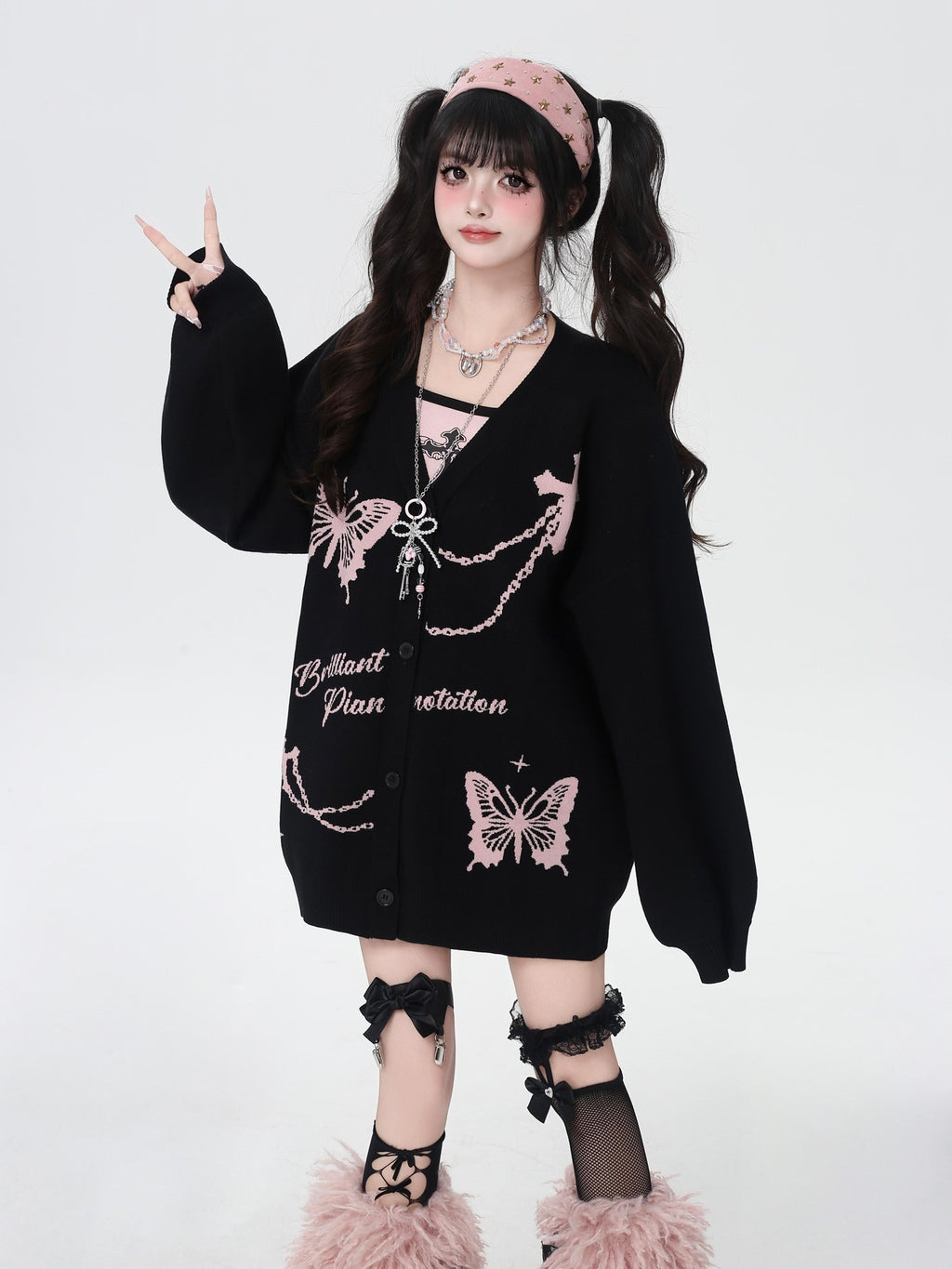 CRAZYGIRL V-neck Jacquard Bow Women's Loose Thermal Long Sleeve Cardigans