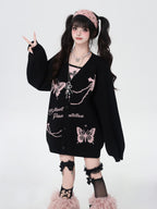 CRAZYGIRL V-neck Jacquard Bow Women's Loose Thermal Long Sleeve Cardigans