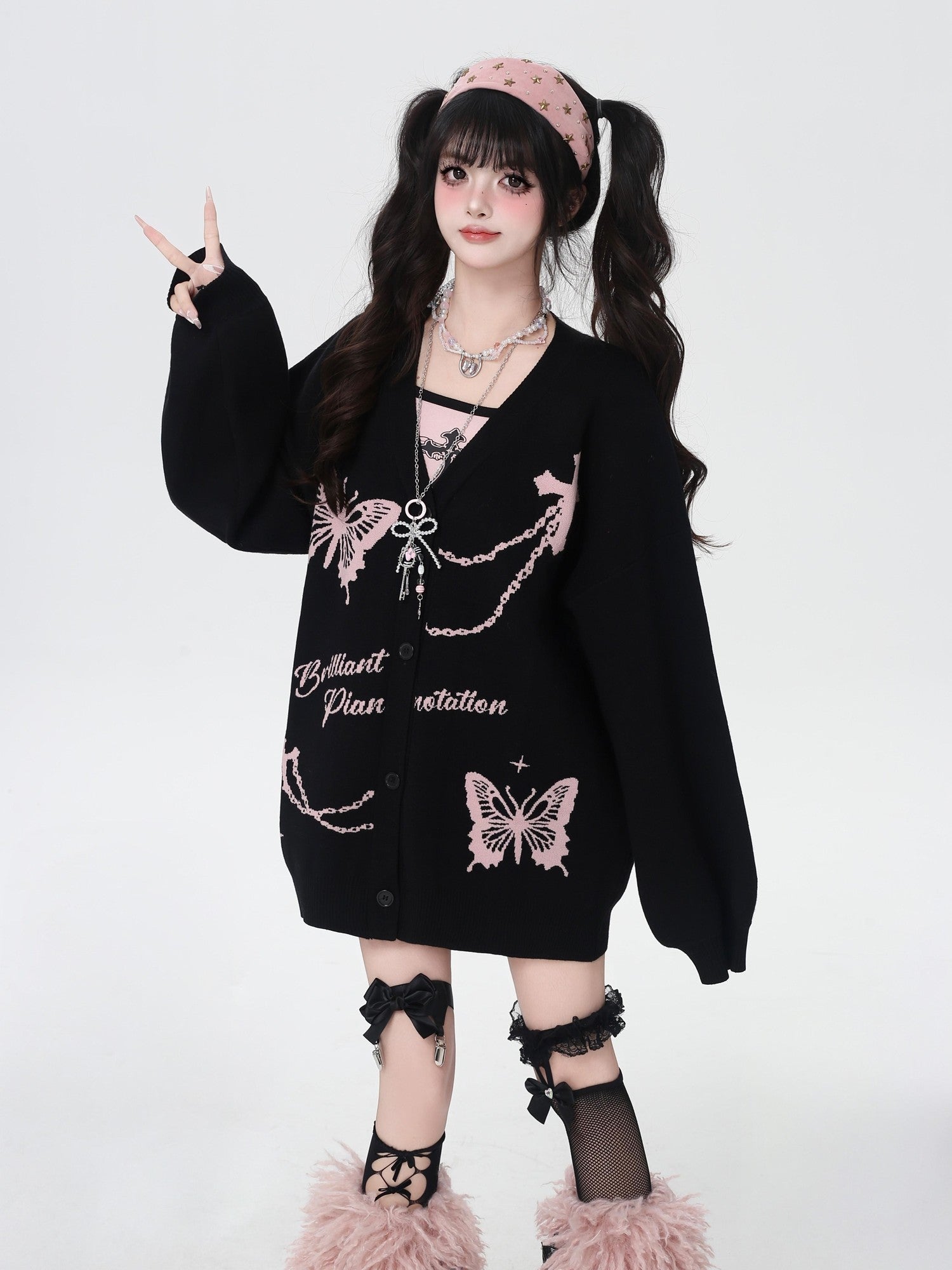 CRAZYGIRL V-neck Jacquard Bow Women's Loose Thermal Long Sleeve Cardigans