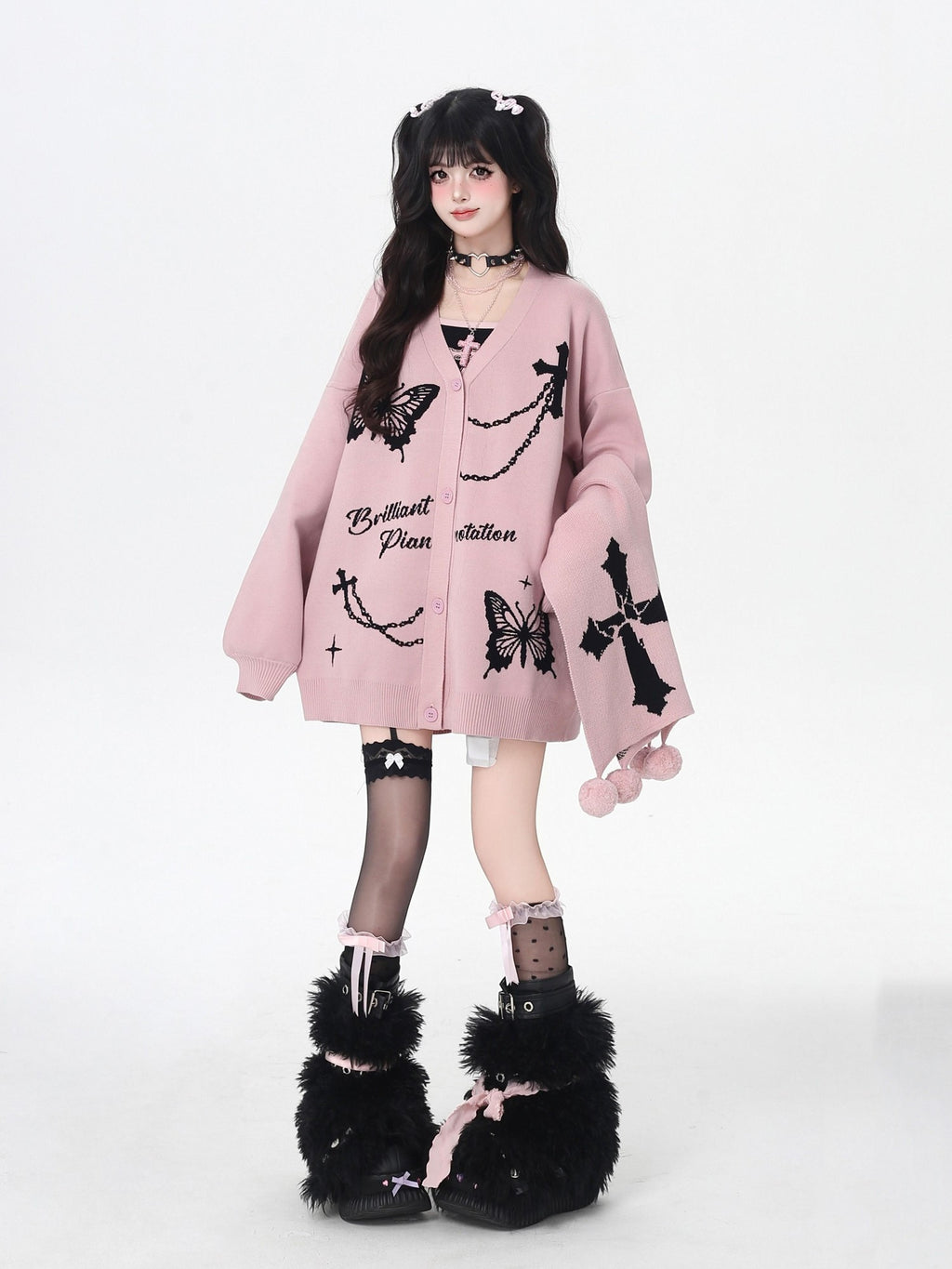 CRAZYGIRL V-neck Jacquard Bow Women's Loose Thermal Long Sleeve Cardigans