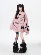 CRAZYGIRL V-neck Jacquard Bow Women's Loose Thermal Long Sleeve Cardigans