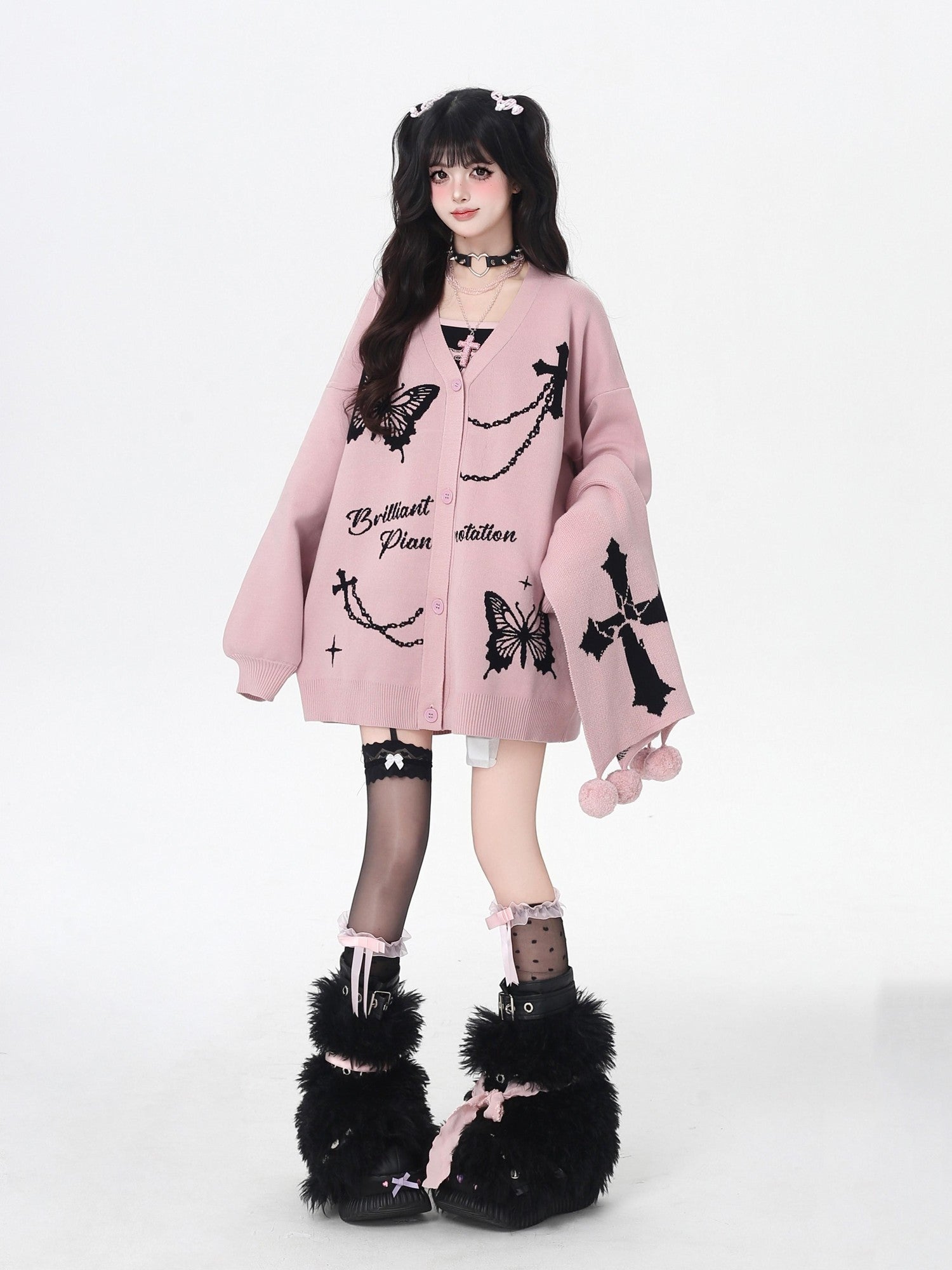 CRAZYGIRL V-neck Jacquard Bow Women's Loose Thermal Long Sleeve Cardigans