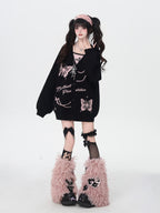 CRAZYGIRL V-neck Jacquard Bow Women's Loose Thermal Long Sleeve Cardigans