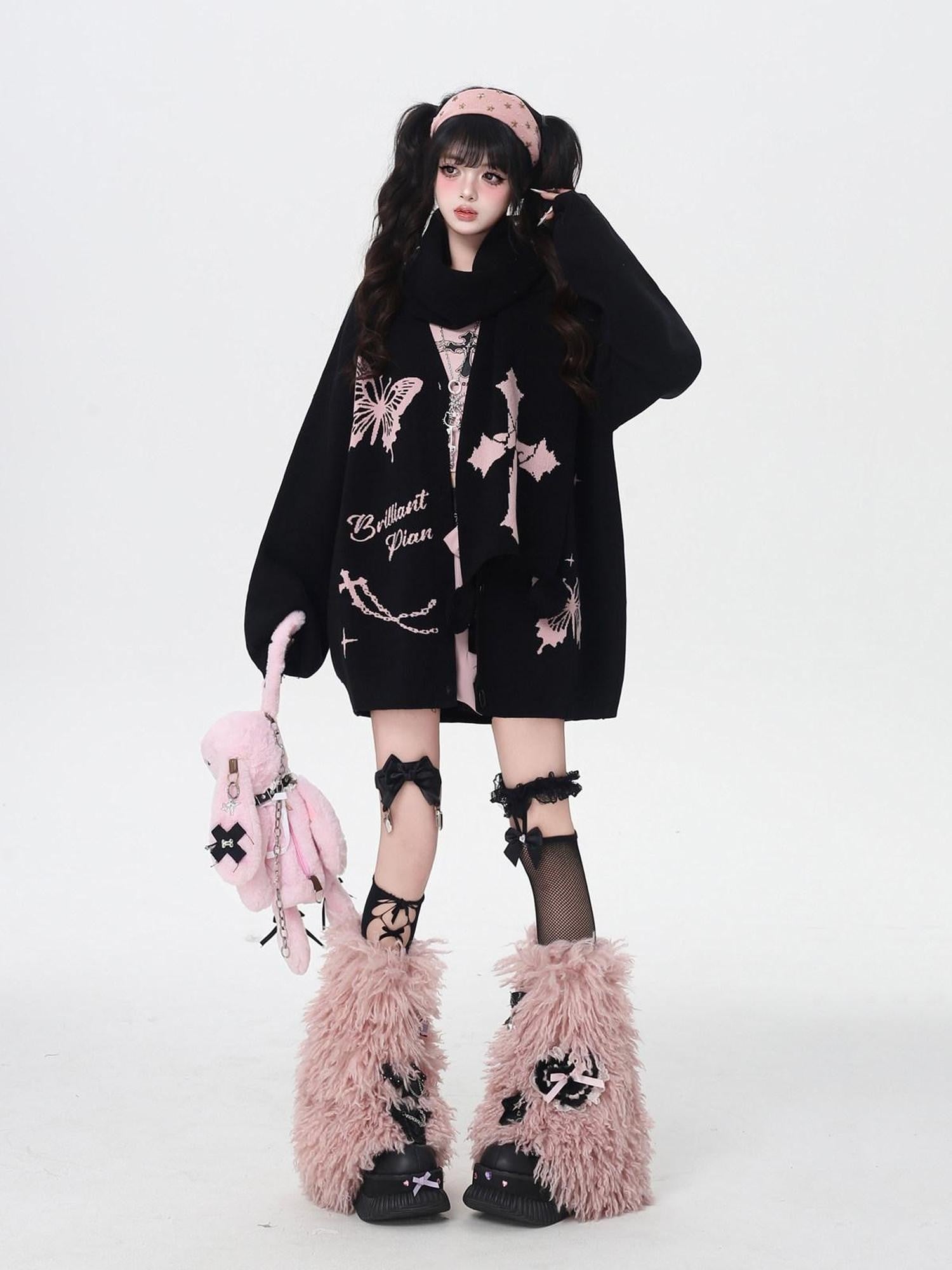 CRAZYGIRL V-neck Jacquard Bow Women's Loose Thermal Long Sleeve Cardigans