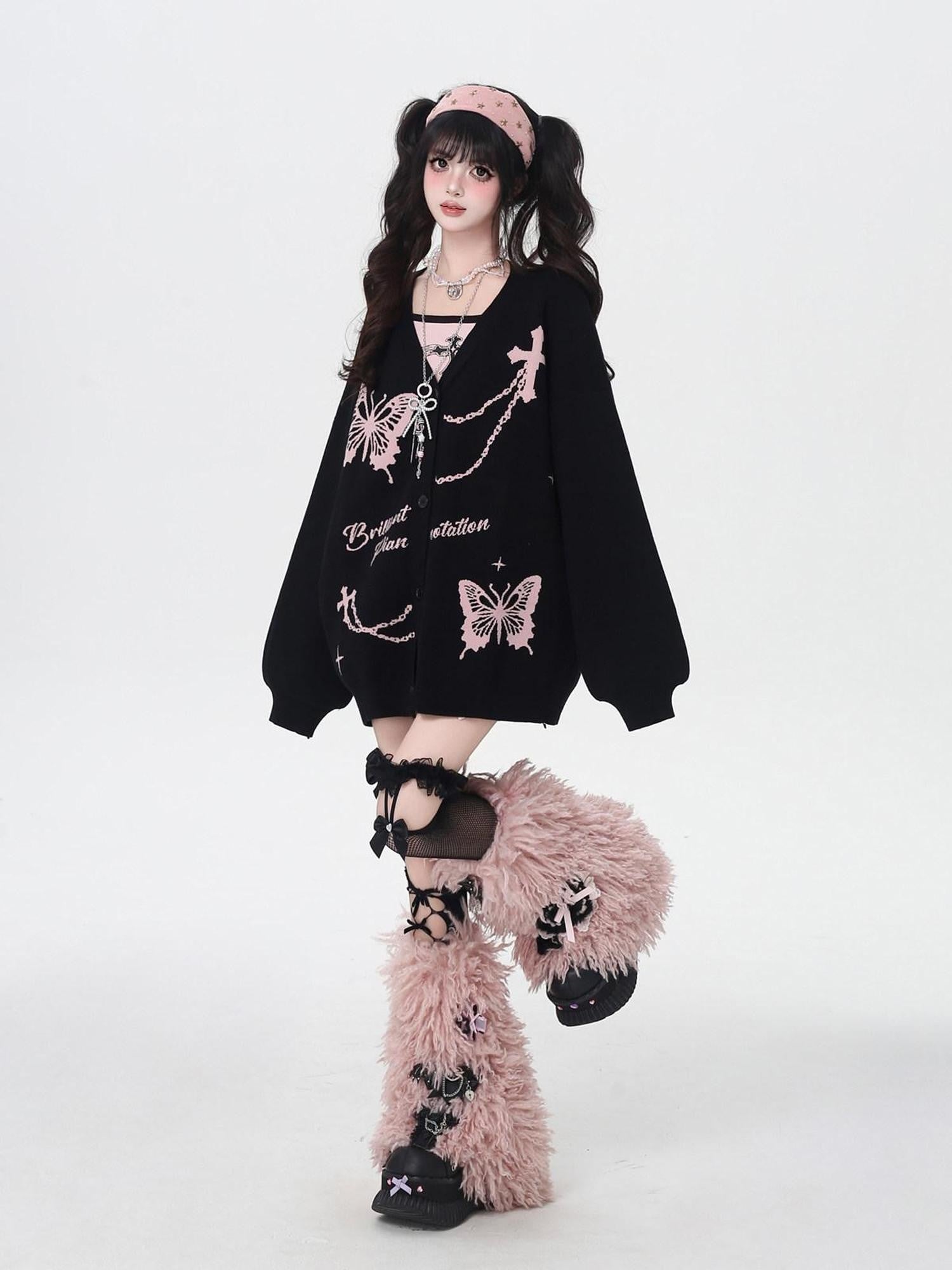 CRAZYGIRL V-neck Jacquard Bow Women's Loose Thermal Long Sleeve Cardigans