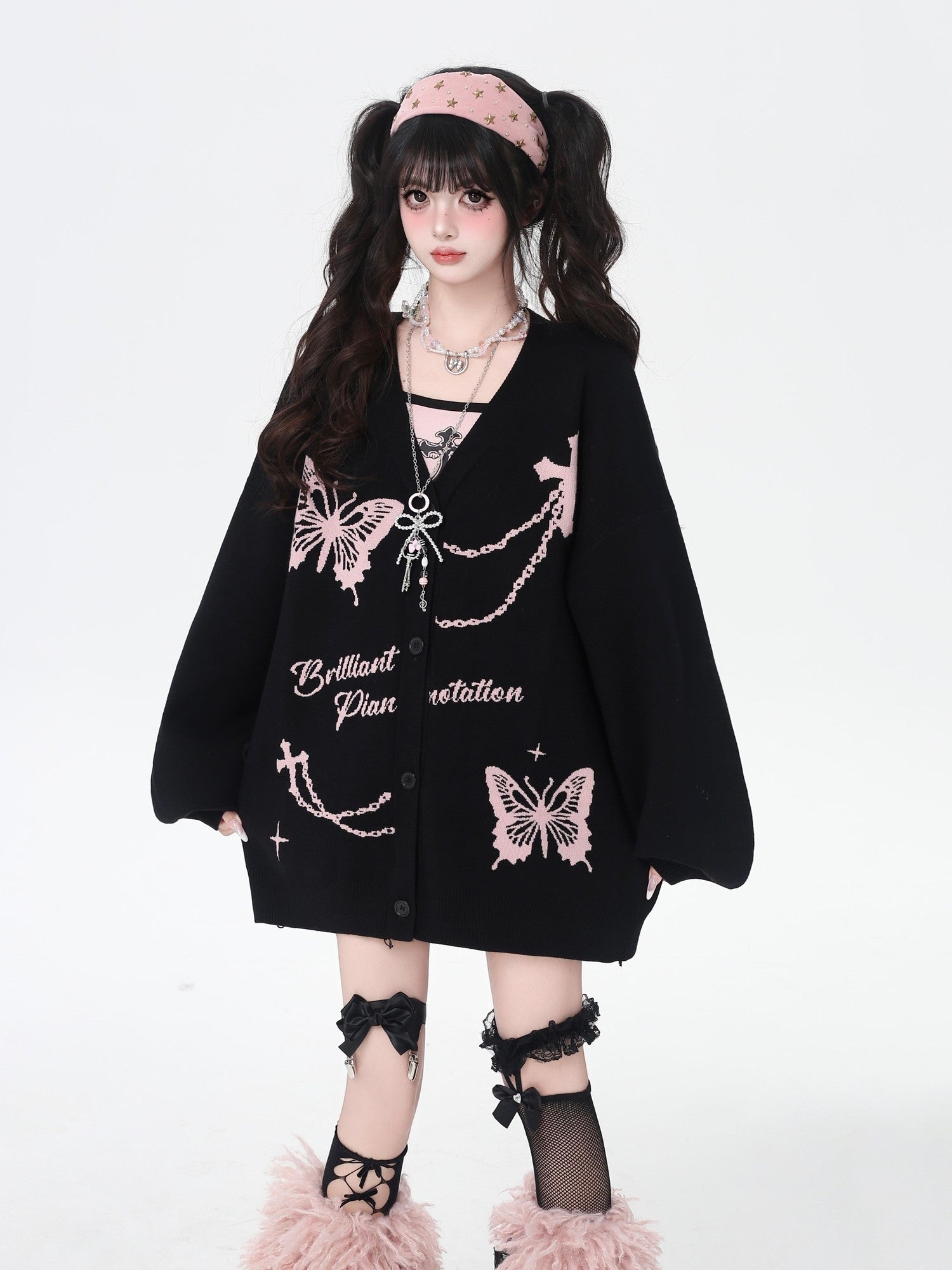 CRAZYGIRL V-neck Jacquard Bow Women's Loose Thermal Long Sleeve Cardigans