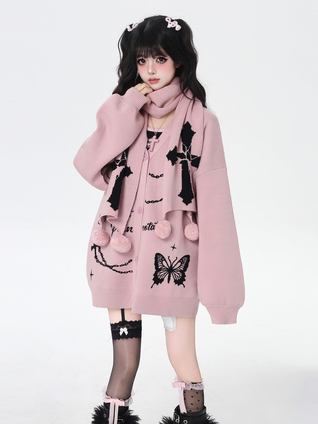 CRAZYGIRL V-neck Jacquard Bow Women's Loose Thermal Long Sleeve Cardigans