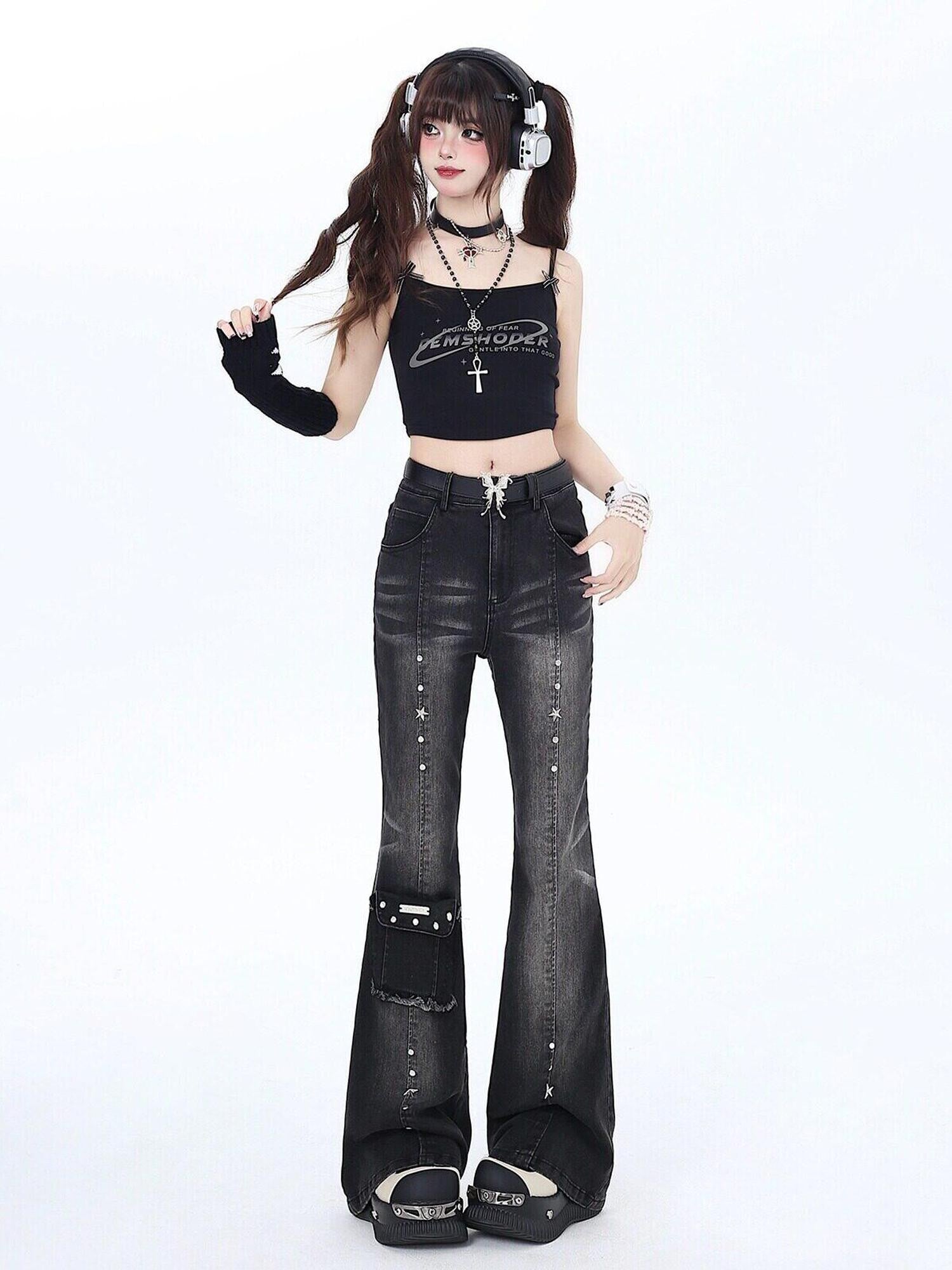 CRAZYGIRL Vintage Micro Flare High Waist Slimming Women's Denim Flare Pants