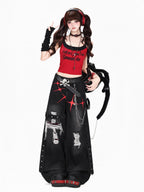CRAZYGIRL Vintage Streetwear Distressed Ripped Workwear Women's Denim Wide-leg Jeans