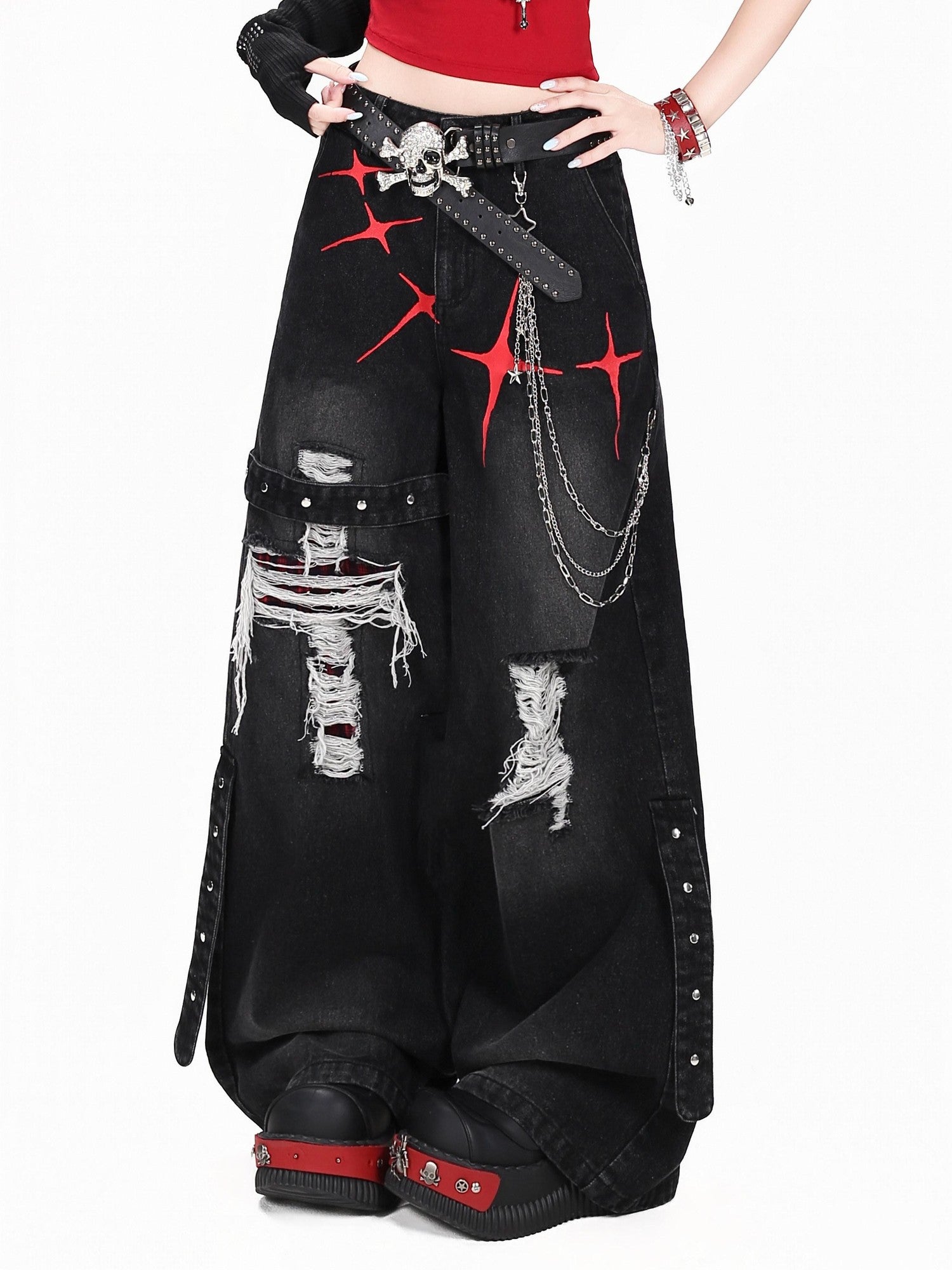 CRAZYGIRL Vintage Streetwear Distressed Ripped Workwear Women's Denim Wide-leg Jeans