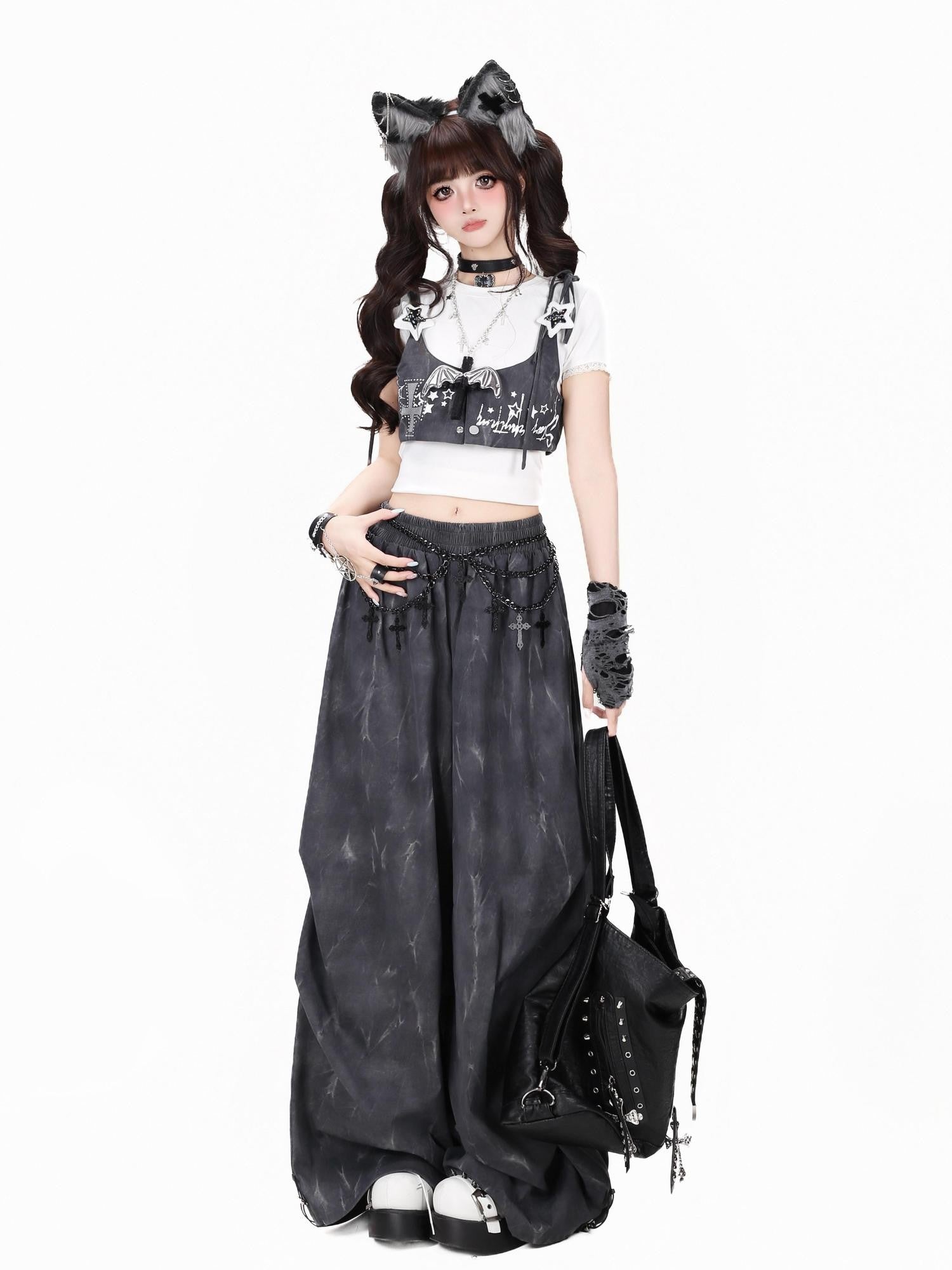 CRAZYGIRL Vintage Tie Dye Polka Dot High Waist Layered Cargo Women's Wide-leg Pants