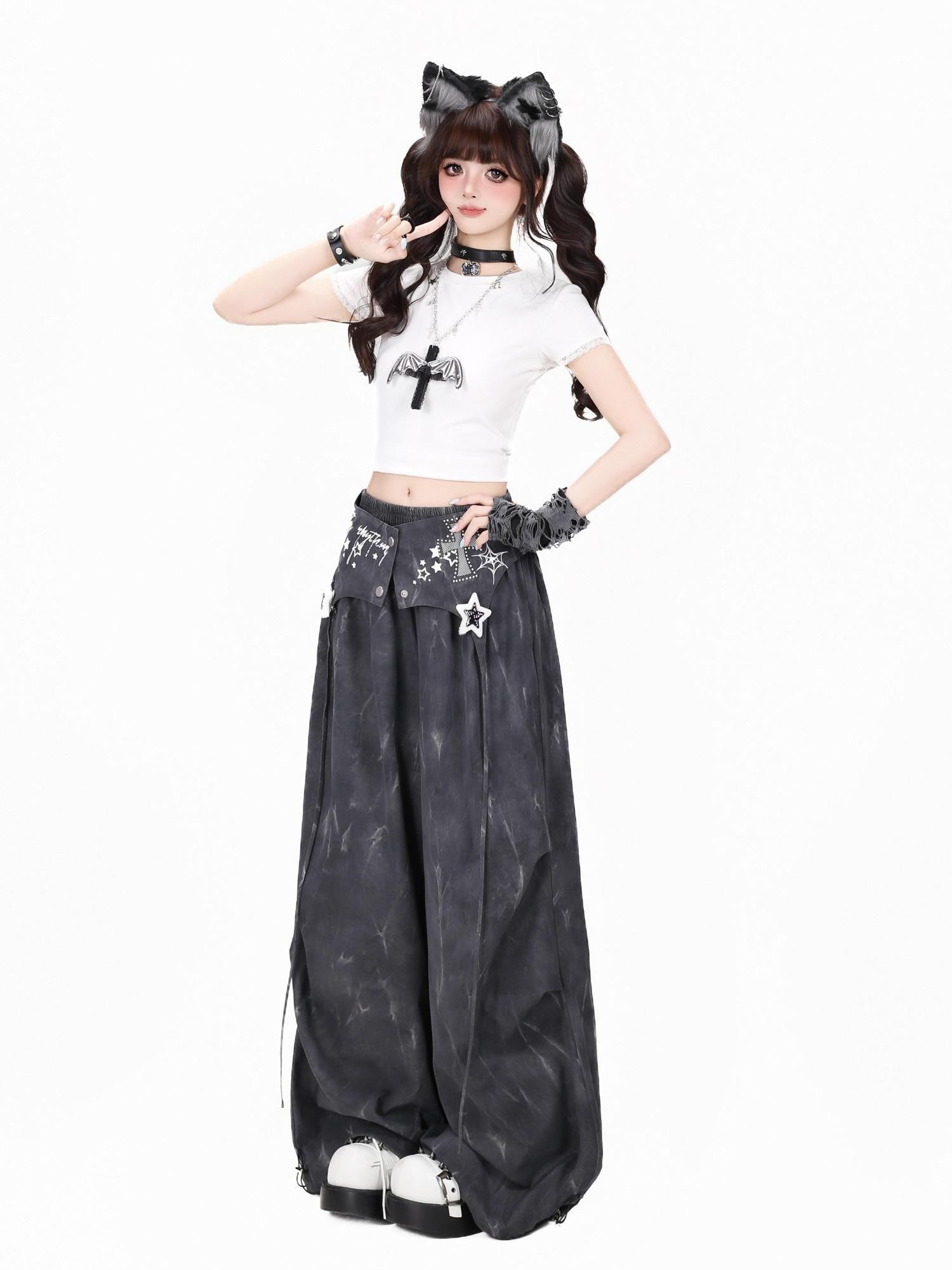 CRAZYGIRL Vintage Tie Dye Polka Dot High Waist Layered Cargo Women's Wide-leg Pants
