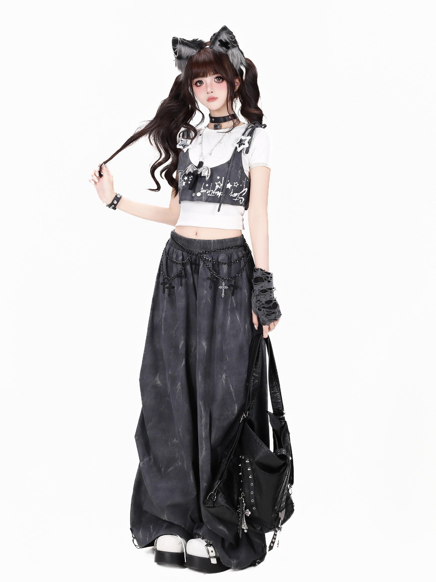 CRAZYGIRL Vintage Tie Dye Polka Dot High Waist Layered Cargo Women's Wide-leg Pants