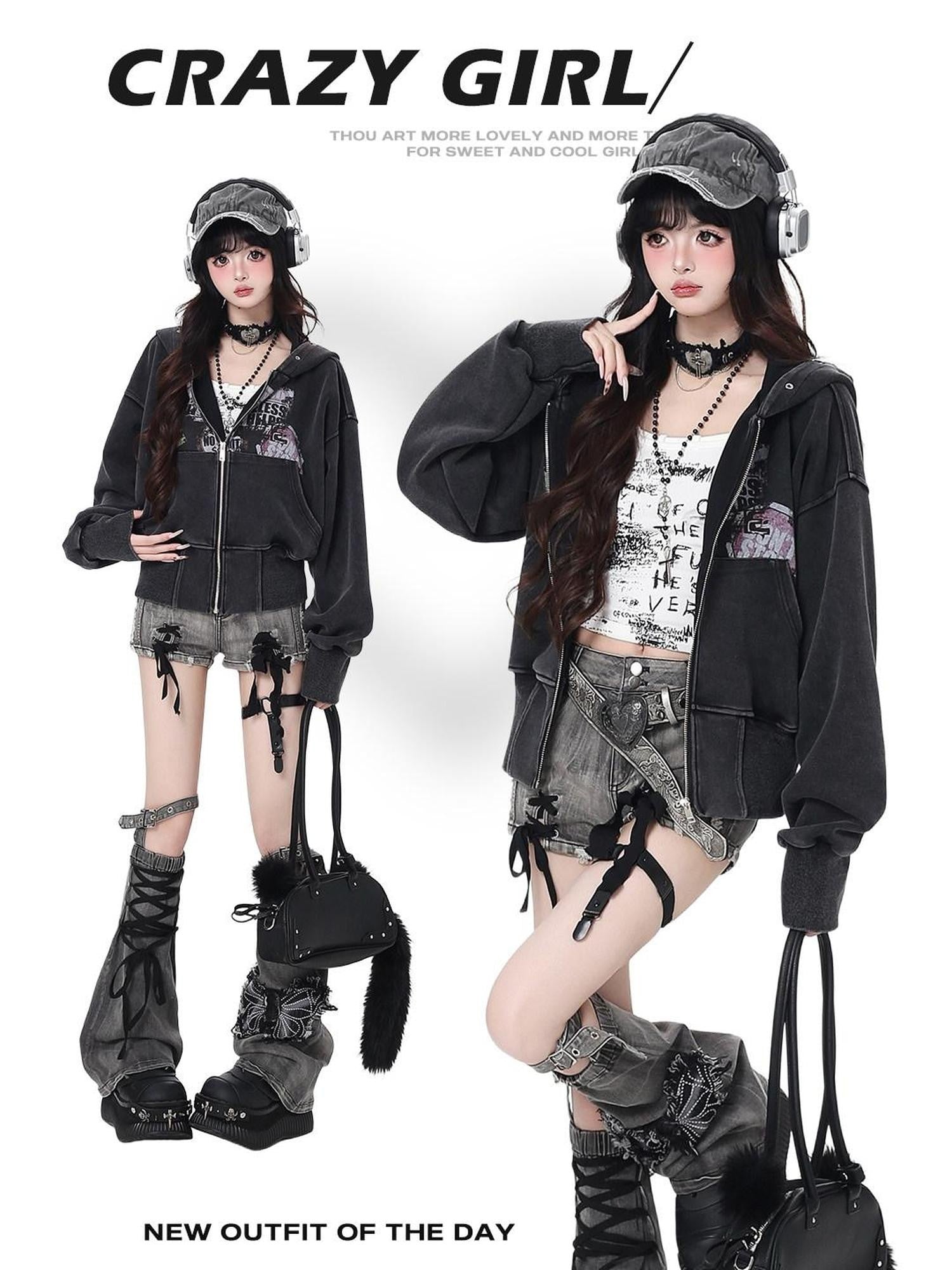 CRAZYGIRL Vintage Washed Distressed Cropped Cinched Waist Women's Hoodies