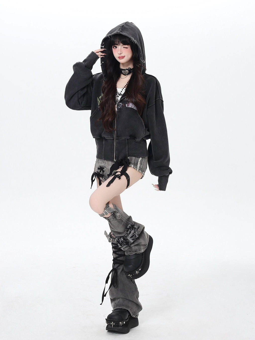 CRAZYGIRL Vintage Washed Distressed Cropped Cinched Waist Women's Hoodies