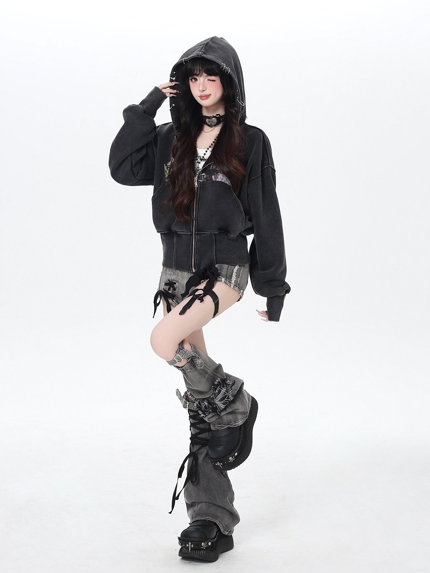 CRAZYGIRL Vintage Washed Distressed Cropped Cinched Waist Women's Hoodies