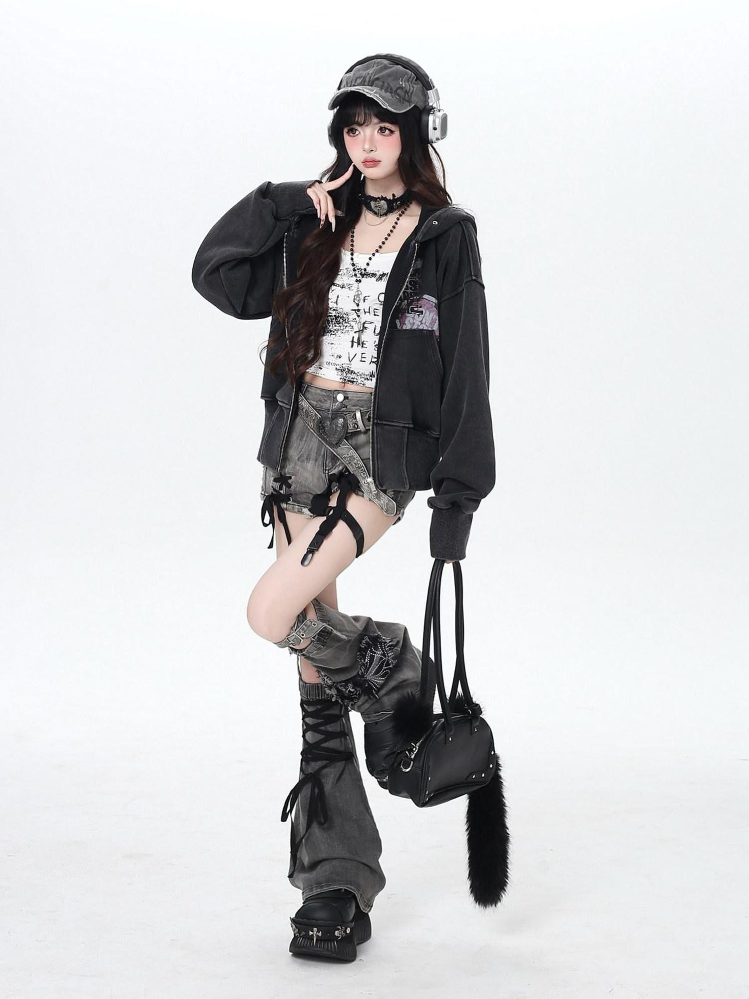 CRAZYGIRL Vintage Washed Distressed Cropped Cinched Waist Women's Hoodies