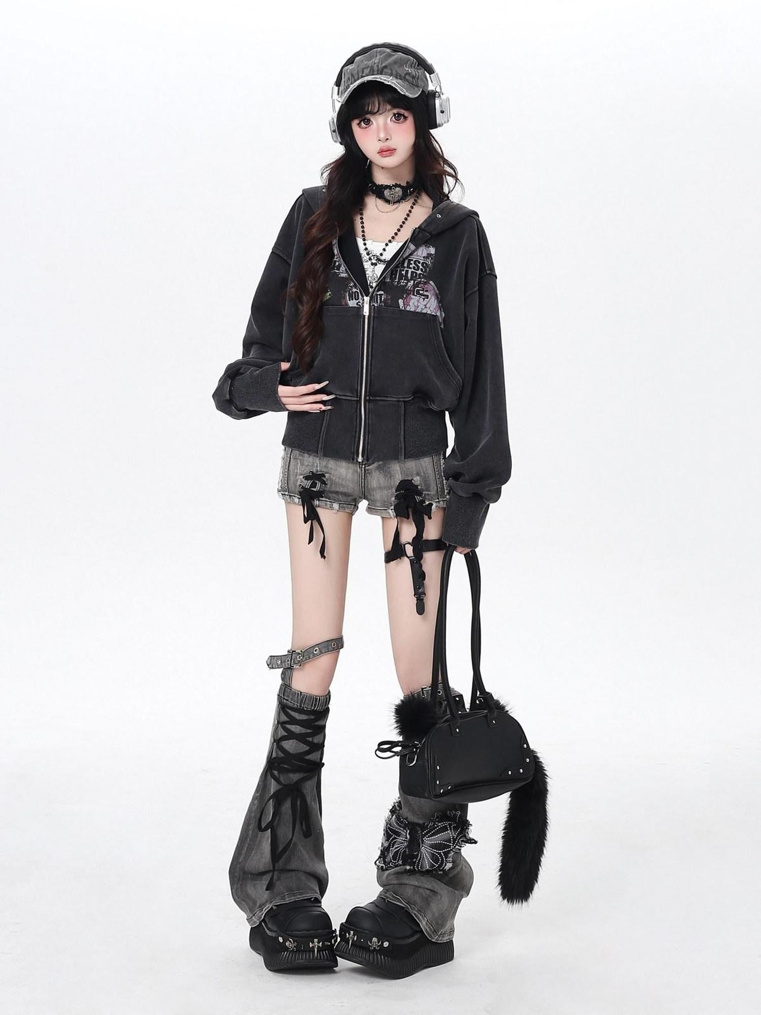 CRAZYGIRL Vintage Washed Distressed Cropped Cinched Waist Women's Hoodies