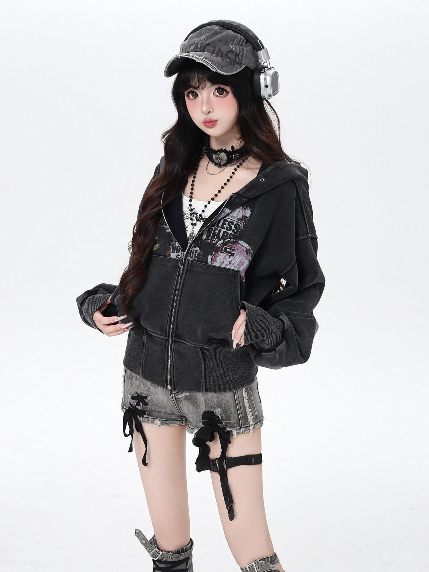 CRAZYGIRL Vintage Washed Distressed Cropped Cinched Waist Women's Hoodies