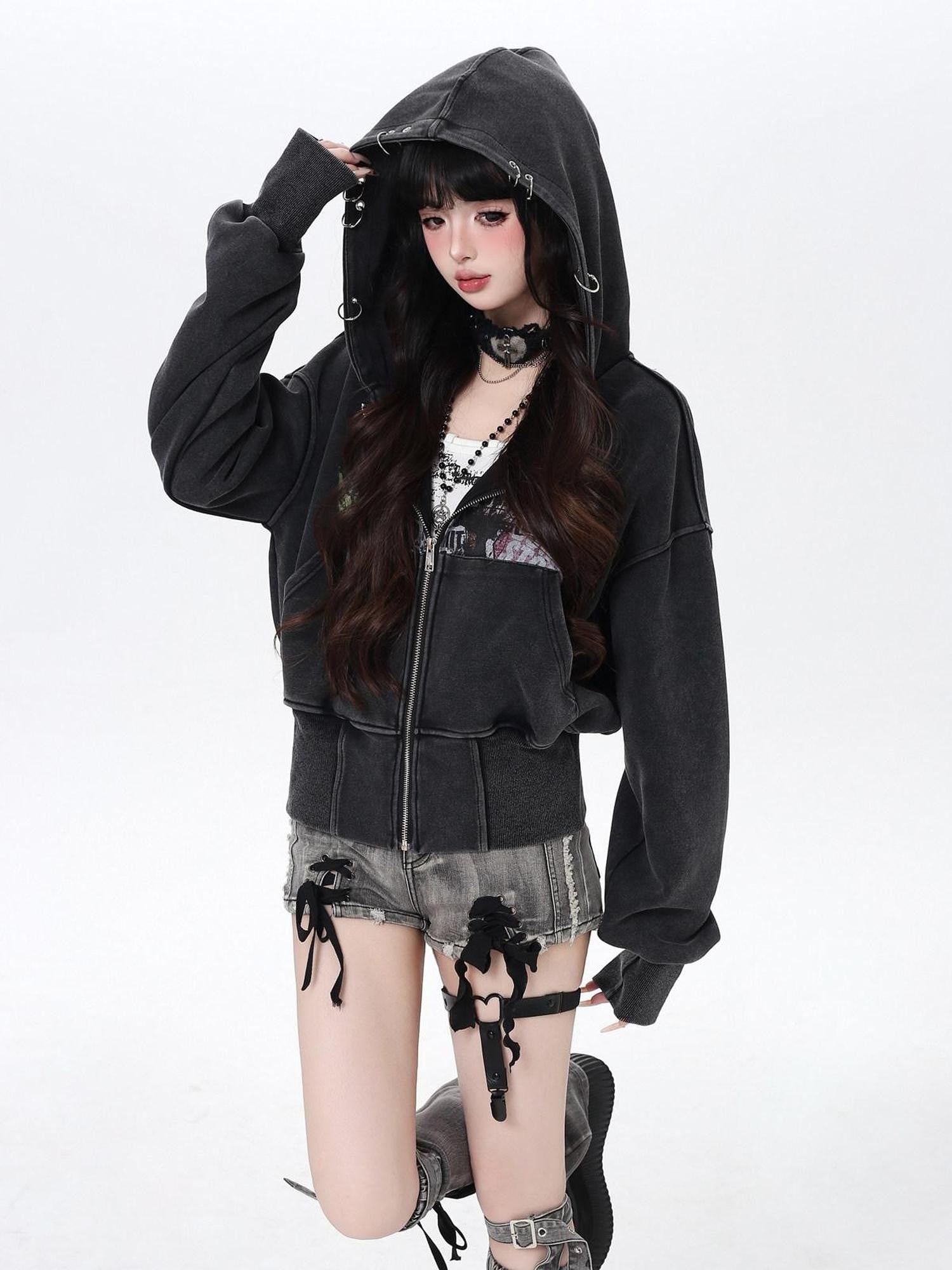 CRAZYGIRL Vintage Washed Distressed Cropped Cinched Waist Women's Hoodies