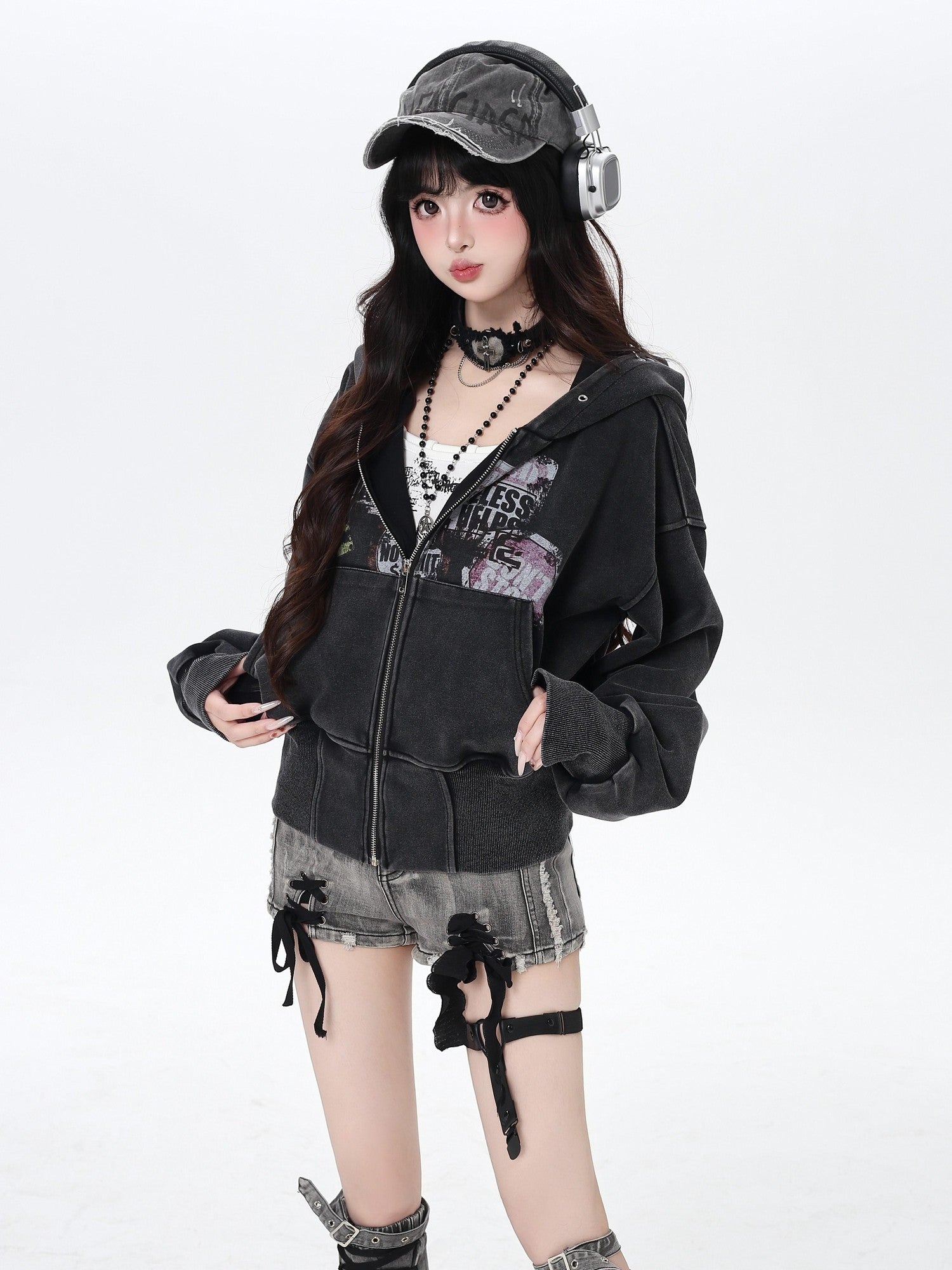 CRAZYGIRL Vintage Washed Distressed Cropped Cinched Waist Women's Hoodies
