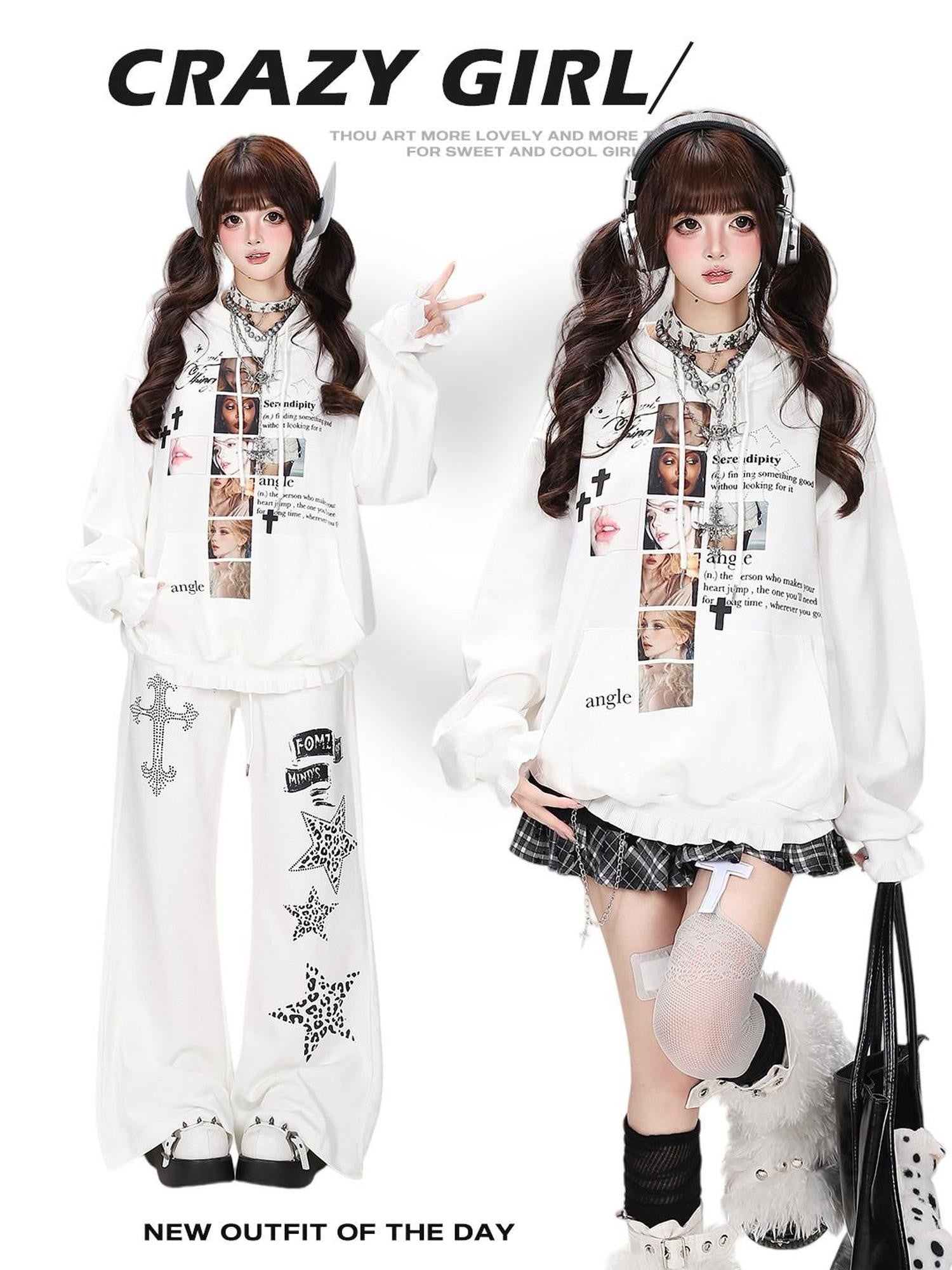 CRAZYGIRL Visual Character Print Lettering Retro Hooded Loose Women's Sweatshirts