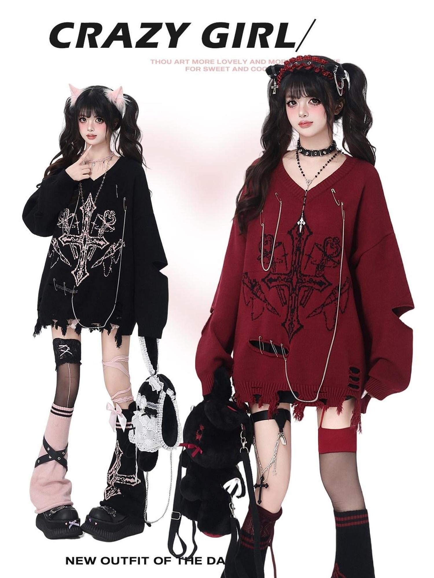CRAZYGIRL Wine Black White Gothic V-neck Loose Design Women's Other Material Sweaters