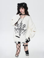 CRAZYGIRL Wine Black White Gothic V-neck Loose Design Women's Other Material Sweaters