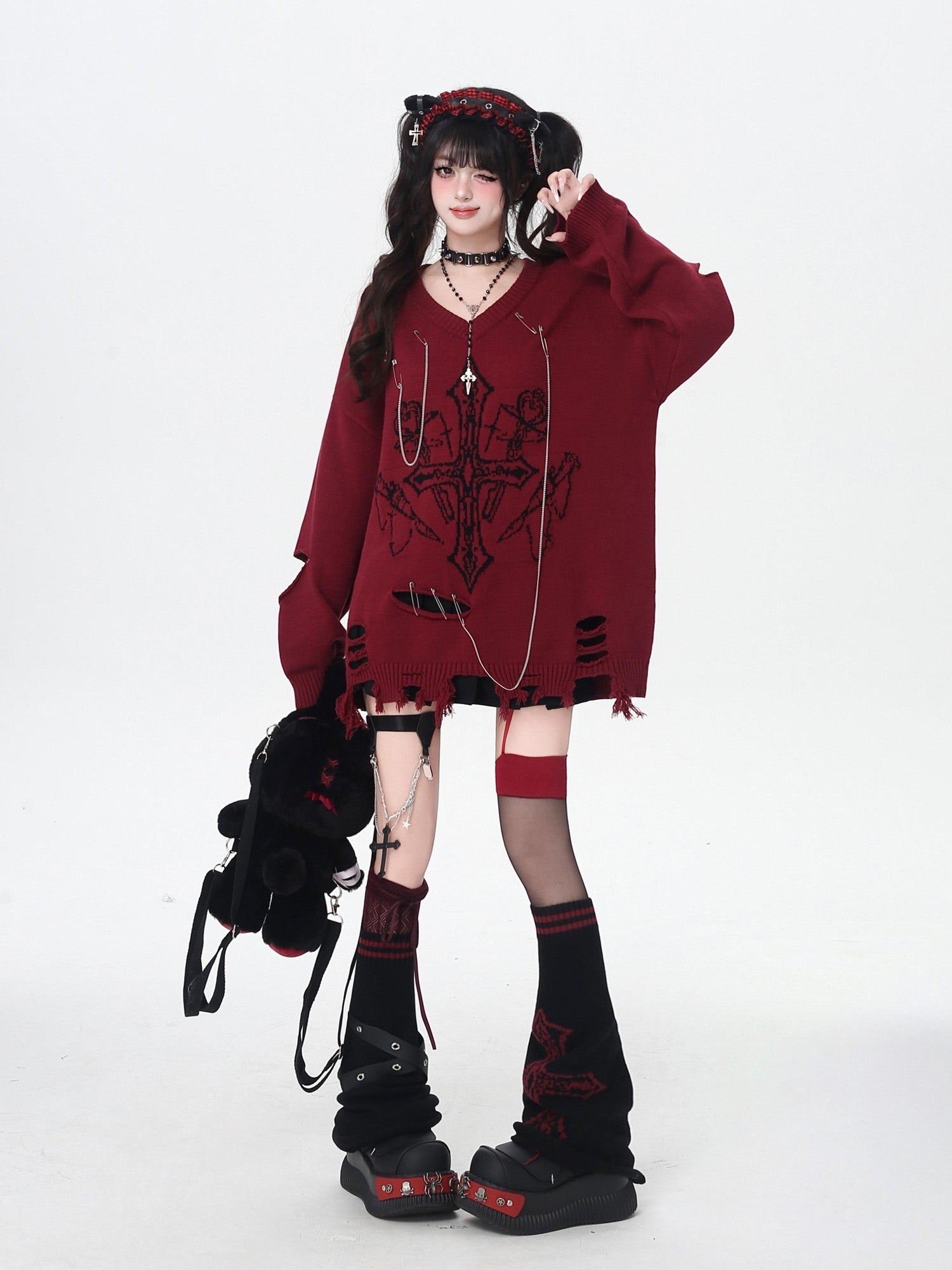 CRAZYGIRL Wine Black White Gothic V-neck Loose Design Women's Other Material Sweaters