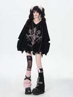 CRAZYGIRL Wine Black White Gothic V-neck Loose Design Women's Other Material Sweaters