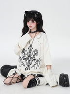 CRAZYGIRL Wine Black White Gothic V-neck Loose Design Women's Other Material Sweaters
