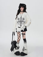 CRAZYGIRL Wine Black White Gothic V-neck Loose Design Women's Other Material Sweaters
