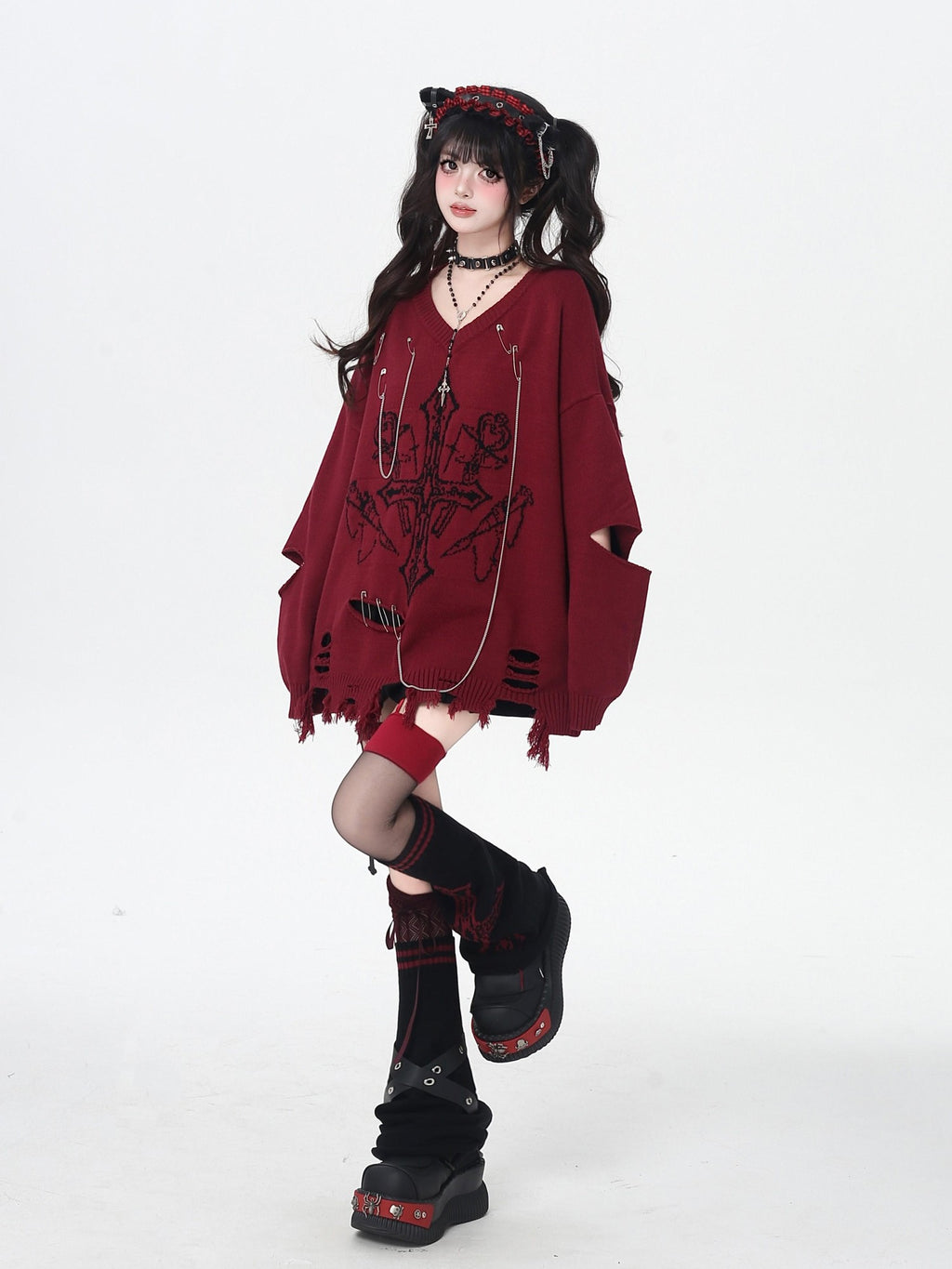 CRAZYGIRL Wine Black White Gothic V-neck Loose Design Women's Other Material Sweaters