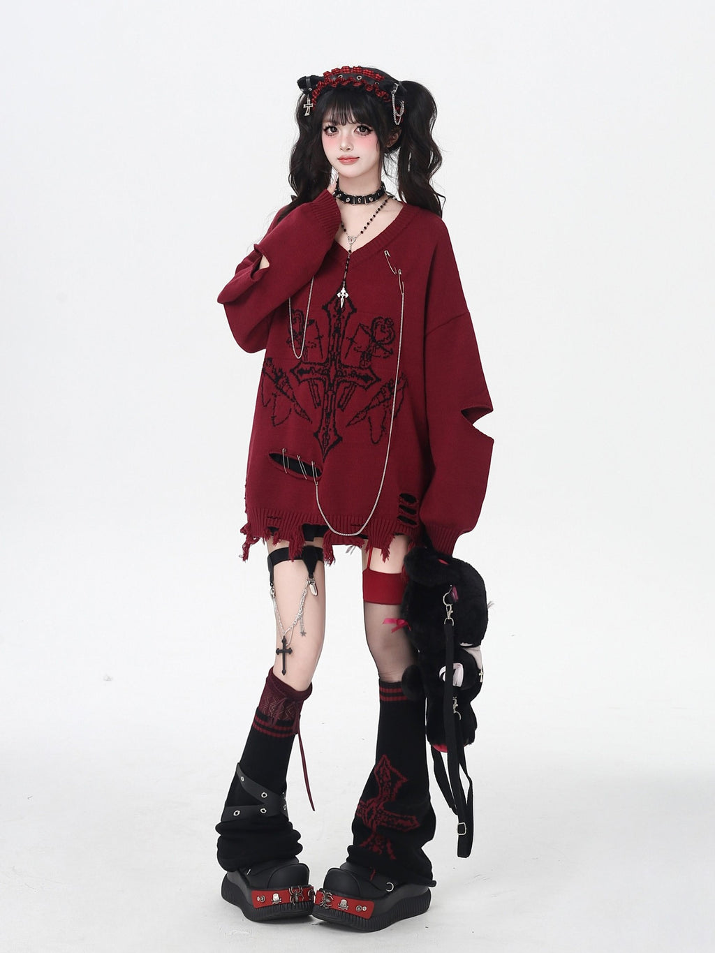 CRAZYGIRL Wine Black White Gothic V-neck Loose Design Women's Other Material Sweaters