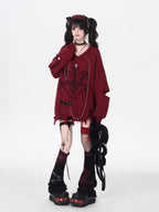 CRAZYGIRL Wine Black White Gothic V-neck Loose Design Women's Other Material Sweaters