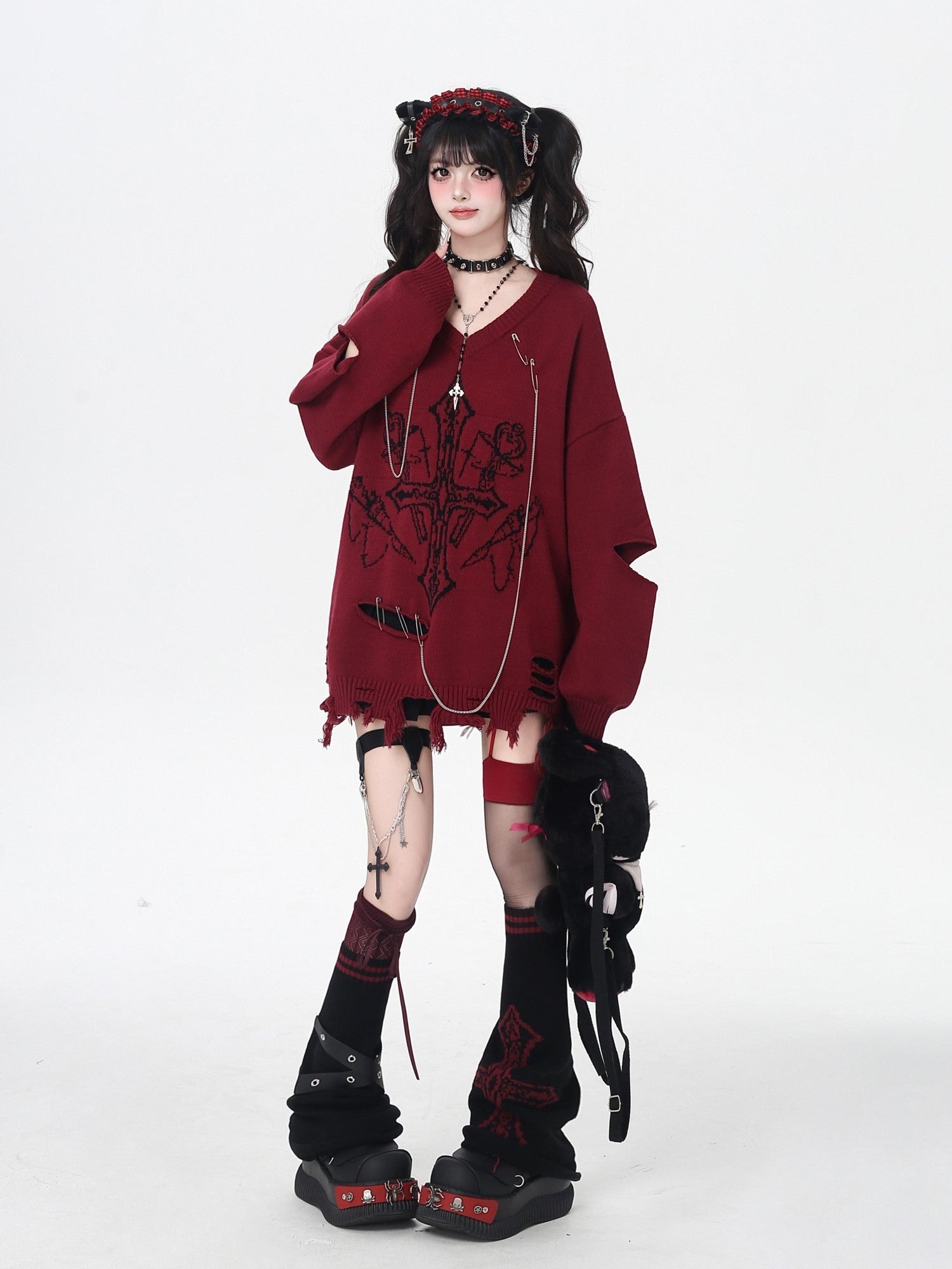 CRAZYGIRL Wine Black White Gothic V-neck Loose Design Women's Other Material Sweaters