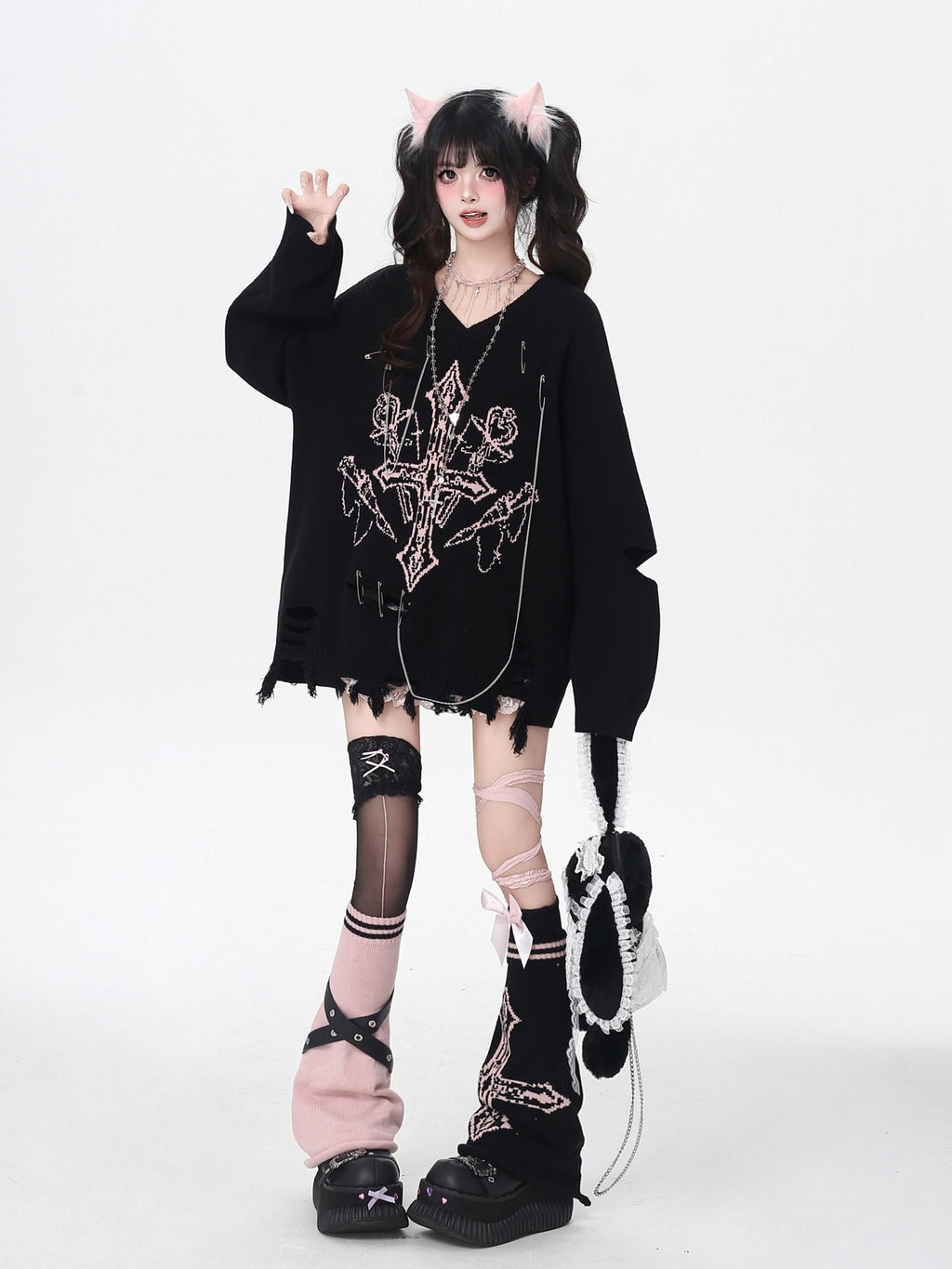 CRAZYGIRL Wine Black White Gothic V-neck Loose Design Women's Other Material Sweaters
