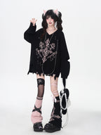 CRAZYGIRL Wine Black White Gothic V-neck Loose Design Women's Other Material Sweaters