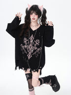 CRAZYGIRL Wine Black White Gothic V-neck Loose Design Women's Other Material Sweaters