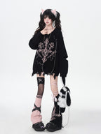 CRAZYGIRL Wine Black White Gothic V-neck Loose Design Women's Other Material Sweaters