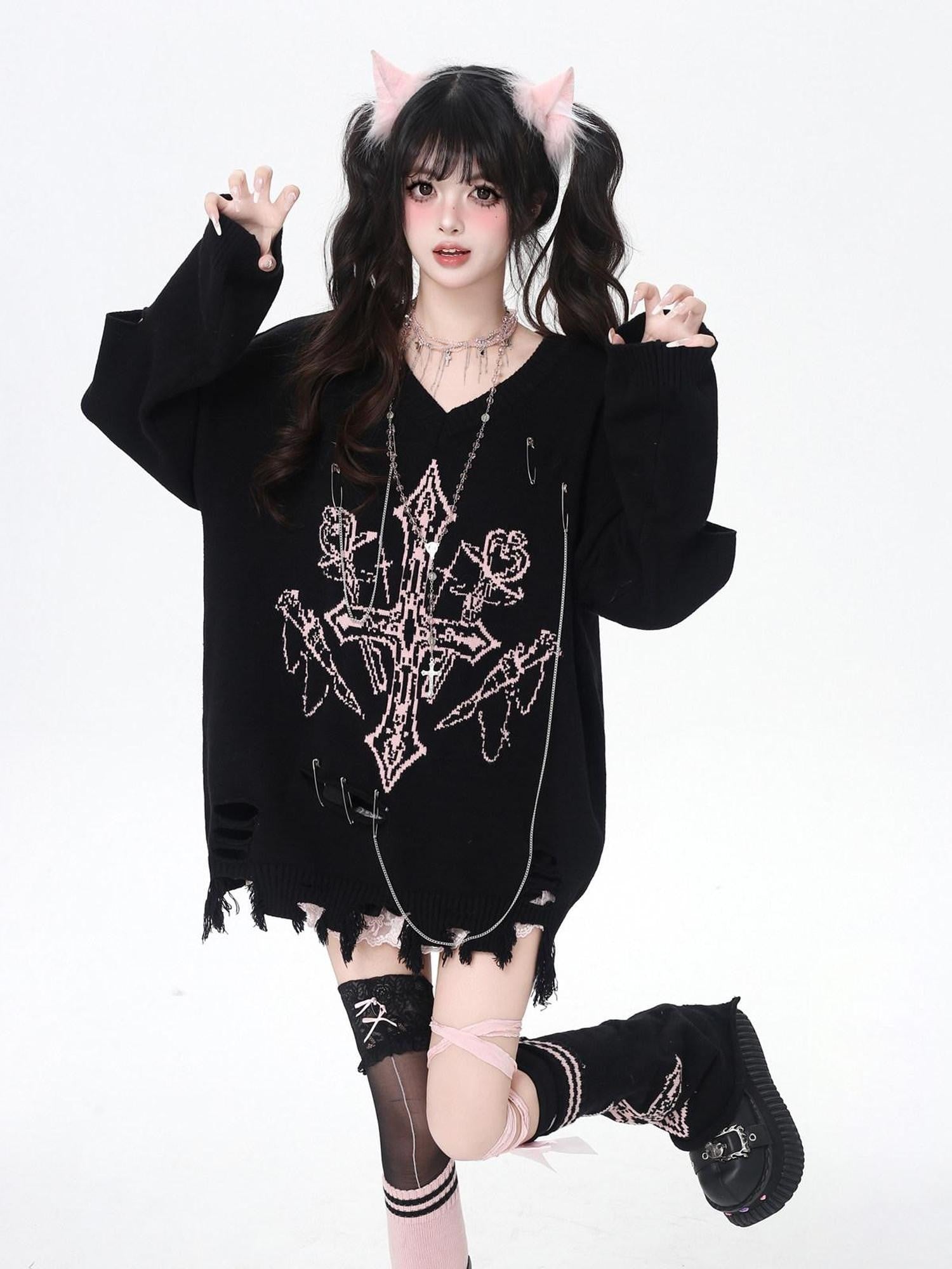 CRAZYGIRL Wine Black White Gothic V-neck Loose Design Women's Other Material Sweaters