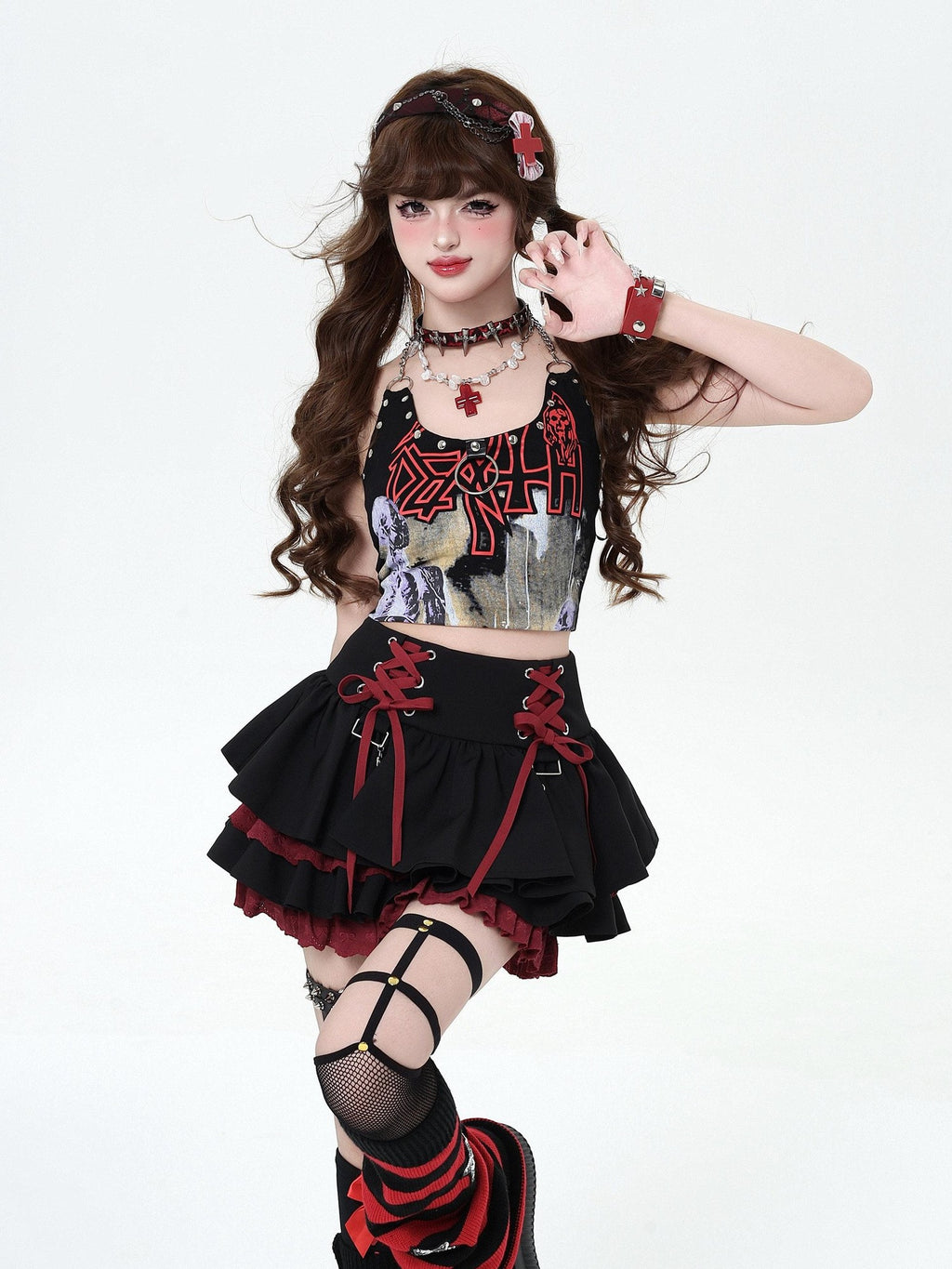 CRAZYGIRL Y2k Lace Tie Ruffled Pleated Tiered Women's Polyester Mini Skirts