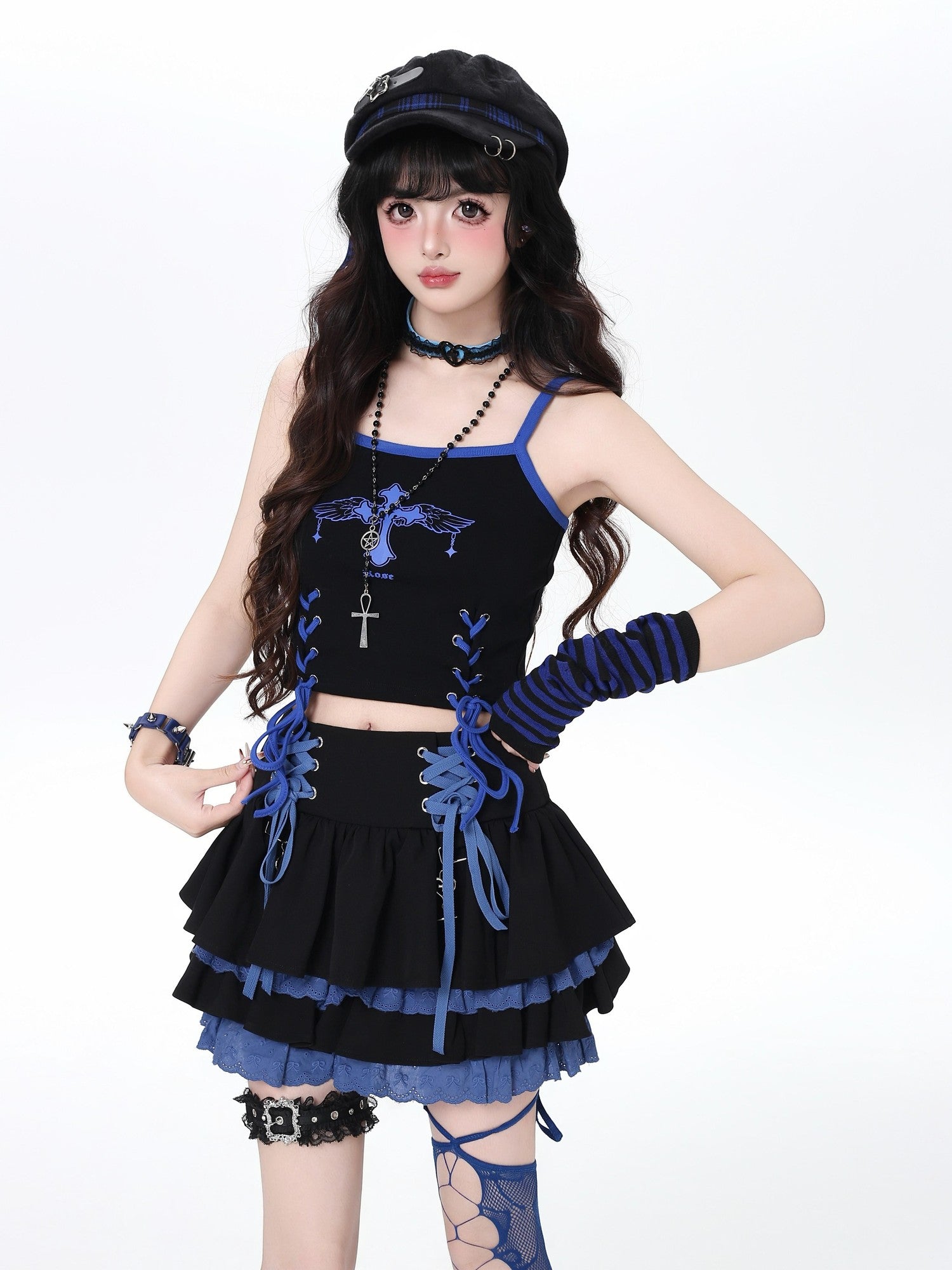 CRAZYGIRL Y2k Lace Tie Ruffled Pleated Tiered Women's Polyester Mini Skirts