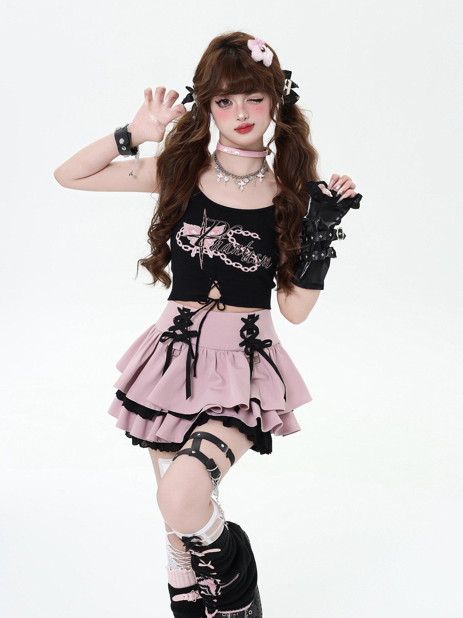 CRAZYGIRL Y2k Lace Tie Ruffled Pleated Tiered Women's Polyester Mini Skirts