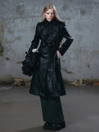 Cest Nous Asymmetric Panel Waist Cinched Long Sleeve Pu Leather Women's Trench Coats