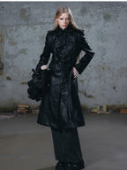 Cest Nous Asymmetric Panel Waist Cinched Long Sleeve Pu Leather Women's Trench Coats