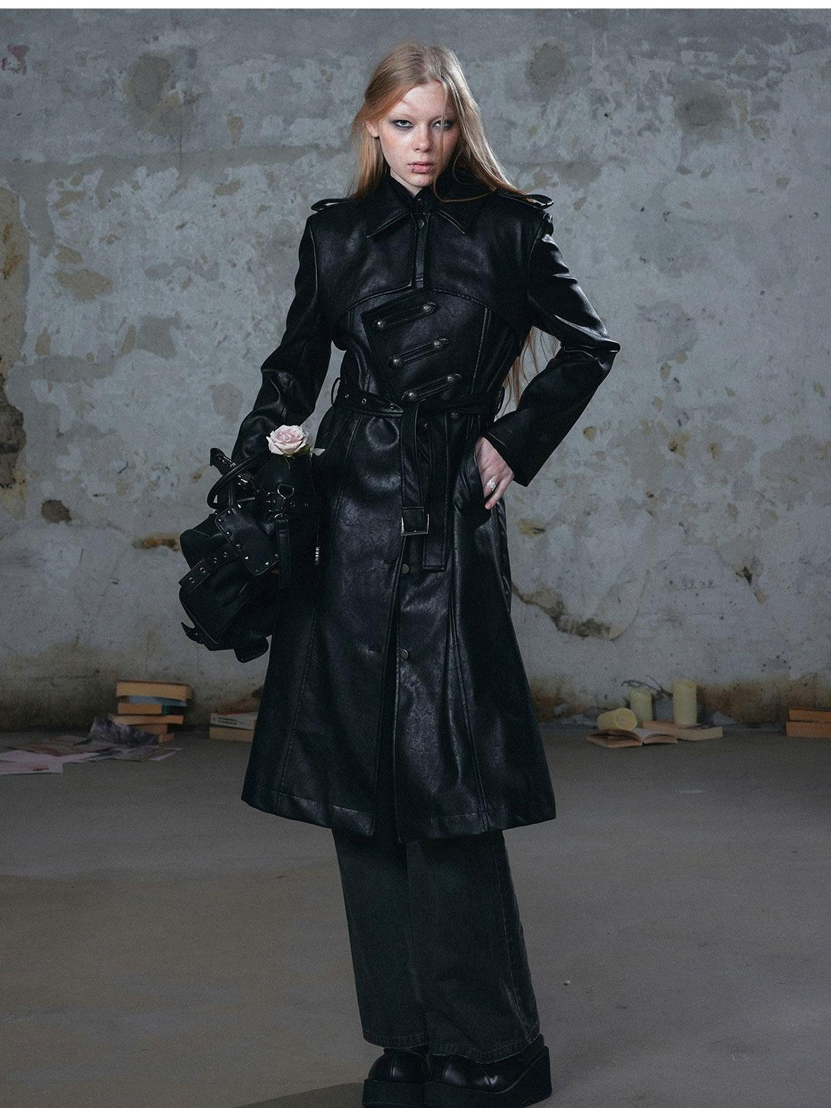 Cest Nous Asymmetric Panel Waist Cinched Long Sleeve Pu Leather Women's Trench Coats