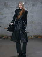 Cest Nous Asymmetric Panel Waist Cinched Long Sleeve Pu Leather Women's Trench Coats