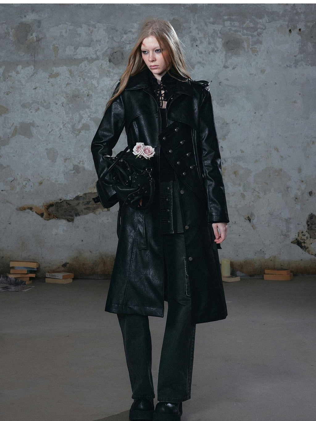 Cest Nous Asymmetric Panel Waist Cinched Long Sleeve Pu Leather Women's Trench Coats