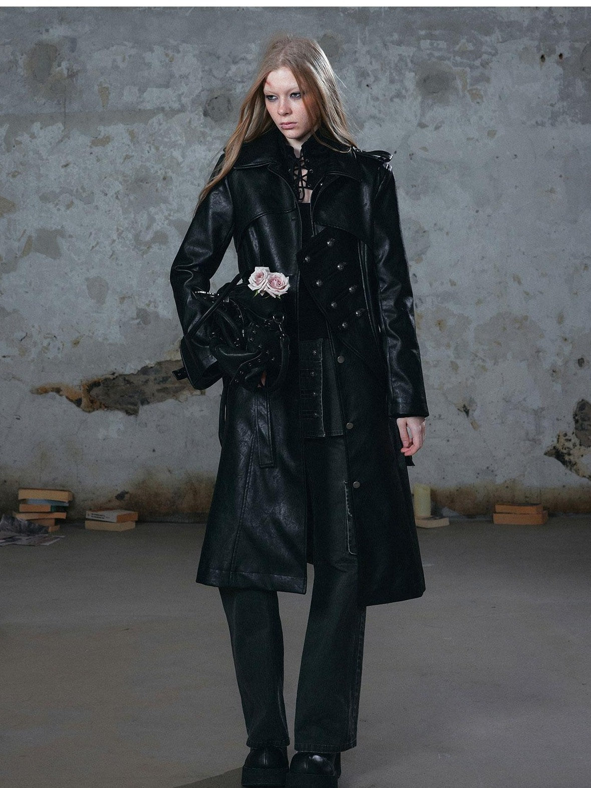 Cest Nous Asymmetric Panel Waist Cinched Long Sleeve Pu Leather Women's Trench Coats